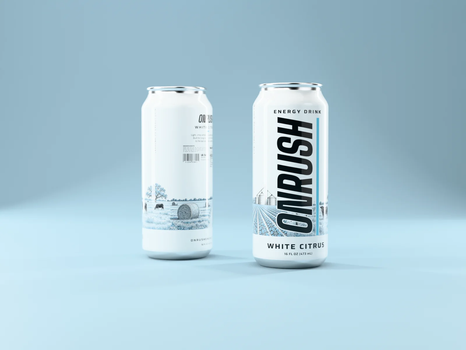 Two cans of ONRUSH White Citrus on a pale blue studio sweep, beaded with condensation.